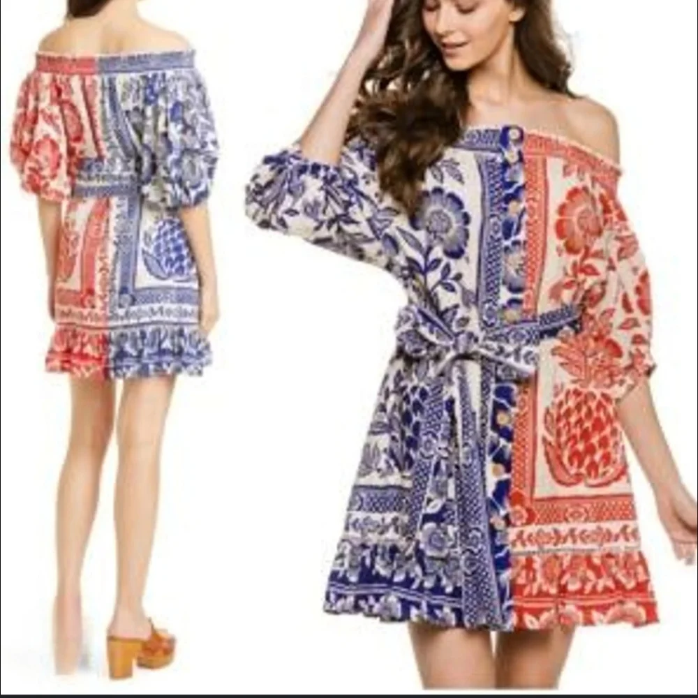 Farm Rio Mixed Pinapple Garden Off-Shoulder Mini Dress. XS - Picture 2 of 6